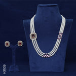 Load image into Gallery viewer, 3 LINE ALLOY PEARLS H/SET WITH RED STONES & CZ STONE (H3539)