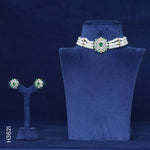 Load image into Gallery viewer, 3 LINE PEARL H/SET WITH GREEN COLOR STONES & CZ (H3621)