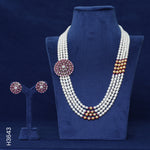 Load image into Gallery viewer, 4 LINE ALLOY PEARL H/SET WITH RED COLOR STONES & CZ STONES (H3643)