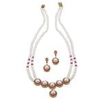 Load image into Gallery viewer, Two Line Red Stones Pearl Chains with Pendant & Earrings Sets - H1705 KrishnaPearlsandJewellers