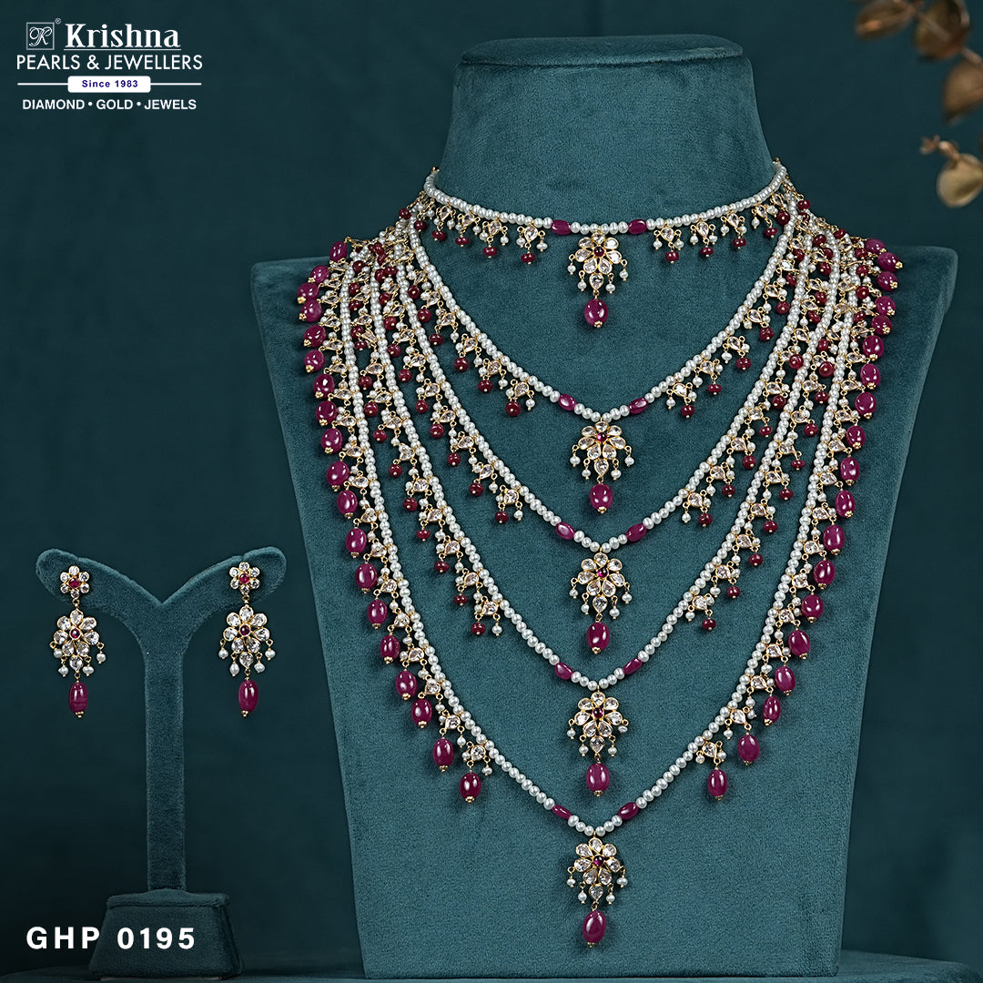 Gold Five Lines pearl with ruby necklace with hangings - GHP0195