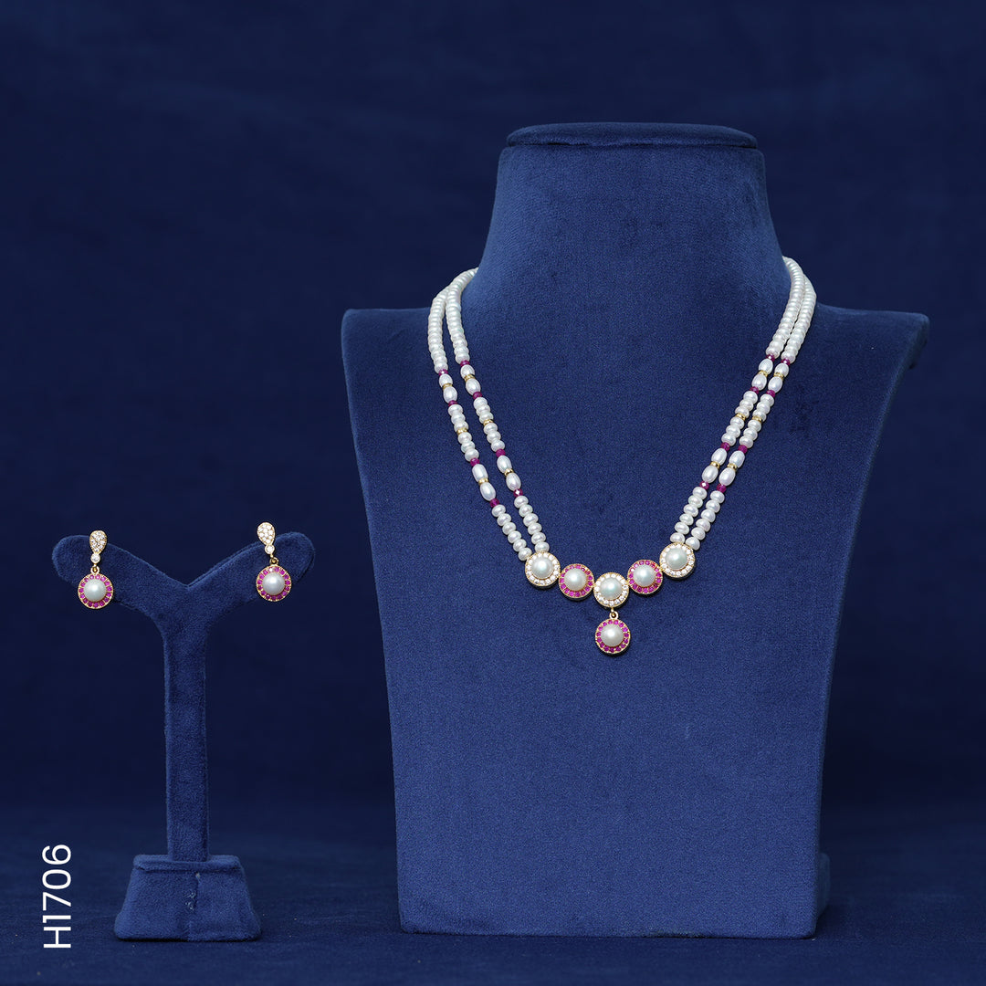 2 LINE ALLOY PEARL H/SET WITH RED & CZ STONES (H1706)