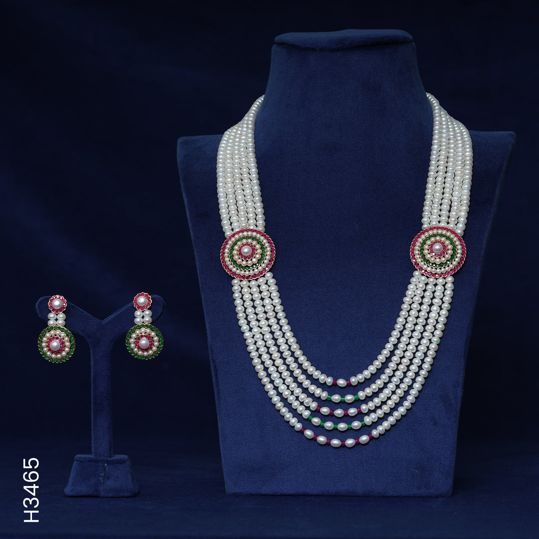 5 LINE ALLOY PEARL H/SET WITH RED & GREEN COLOUR STONES & CZ STONE (H3465)