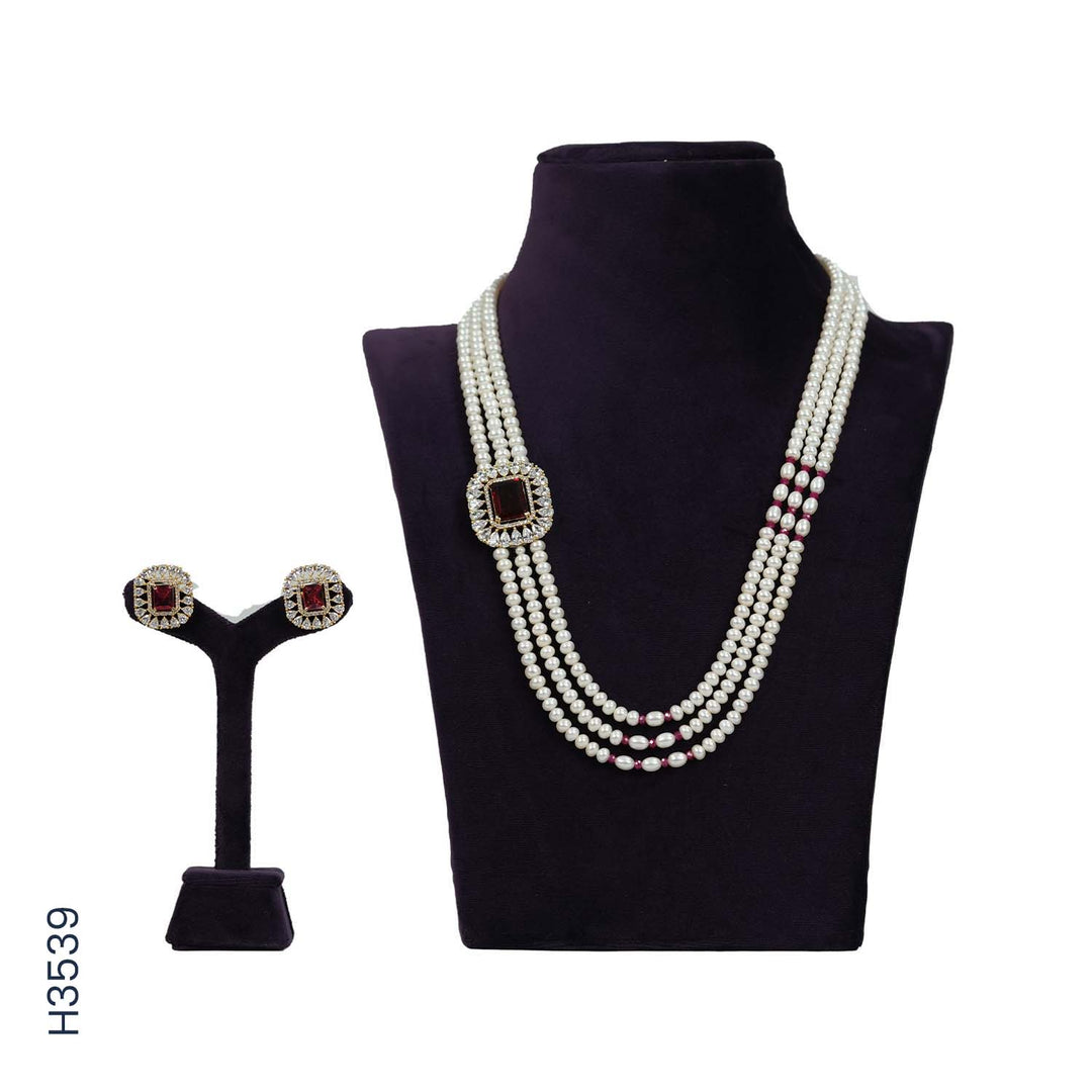 3 LINE ALLOY PEARLS H/SET WITH RED STONES & CZ STONE (H3539)