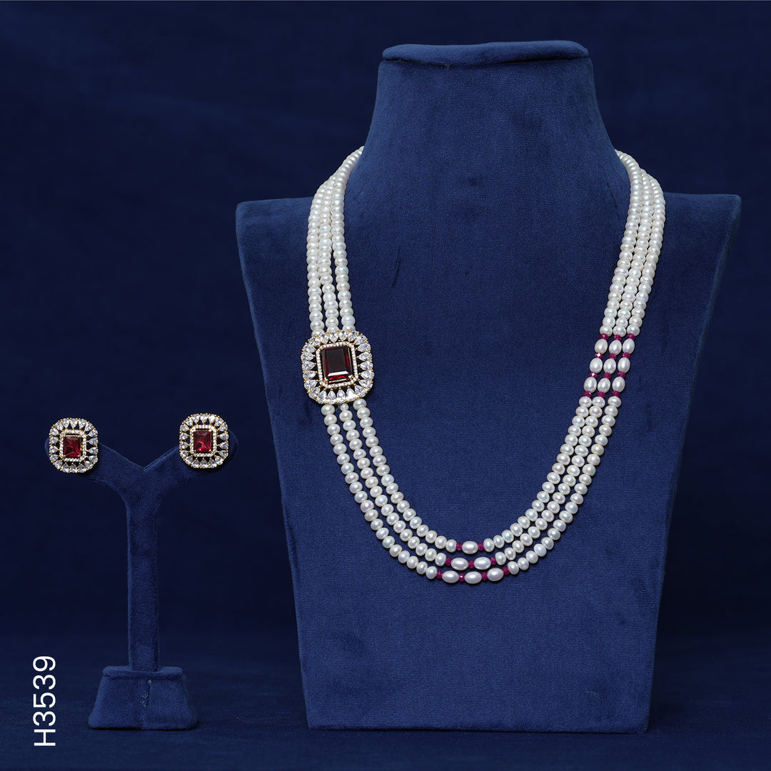 3 LINE ALLOY PEARLS H/SET WITH RED STONES & CZ STONE (H3539)