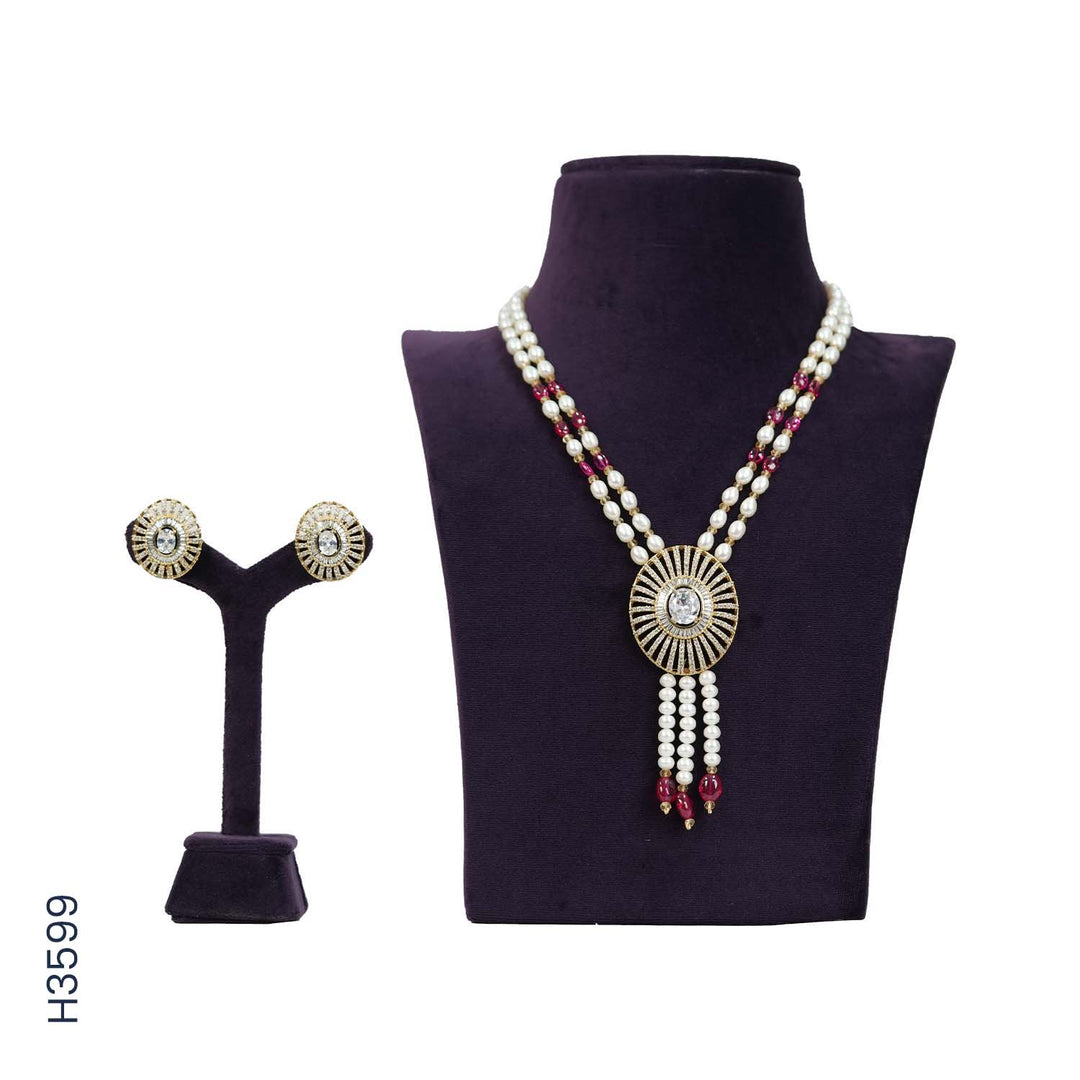 2 LINE ALLOY PEARL H/SET WITH YELLOW COLOR STONE, RED COLOR STONES & CZ (H3599)