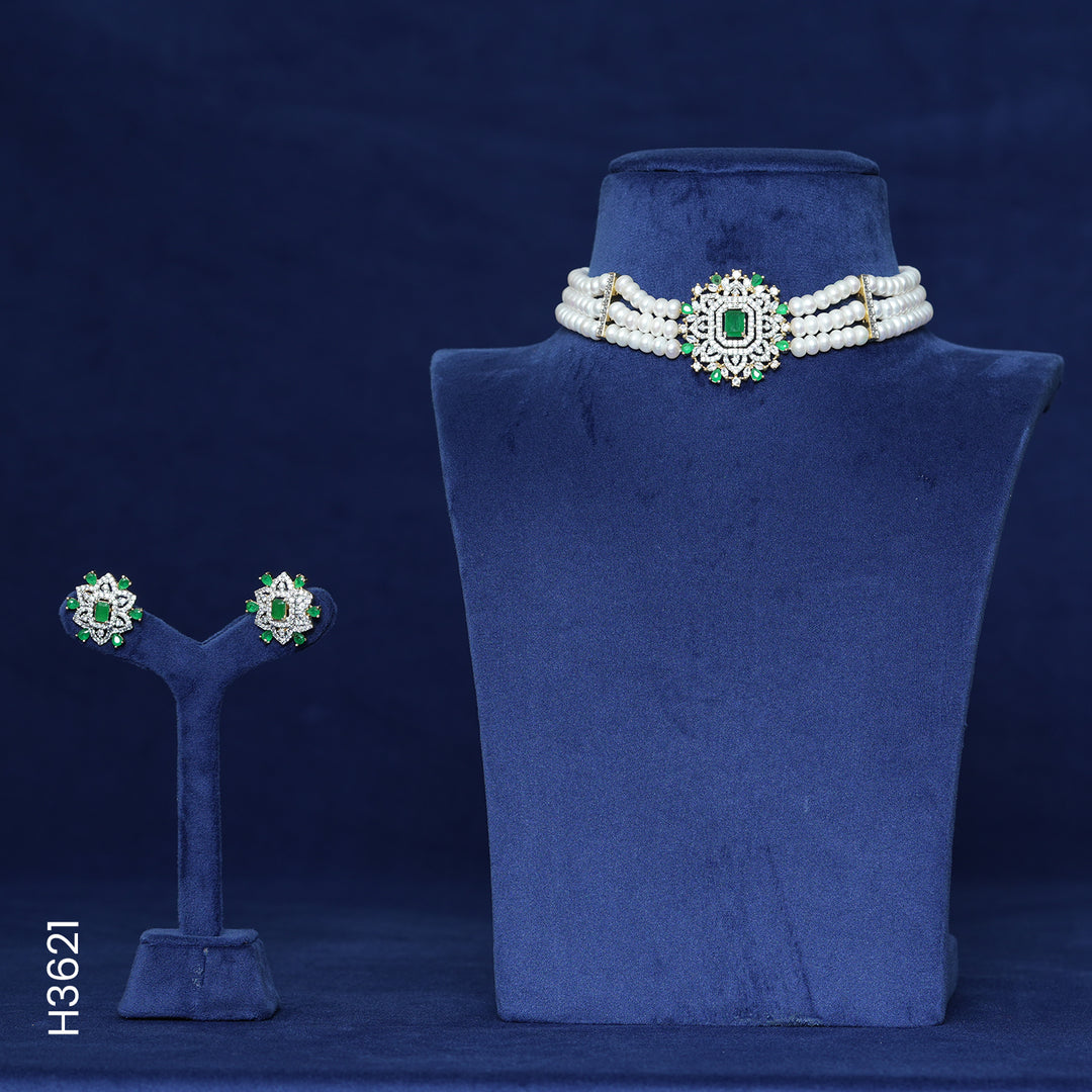 3 LINE PEARL H/SET WITH GREEN COLOR STONES & CZ (H3621)