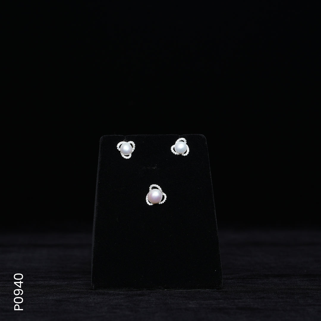 SILVER PEARL TOP+PENDENT SET WITH CZ (P0940)
