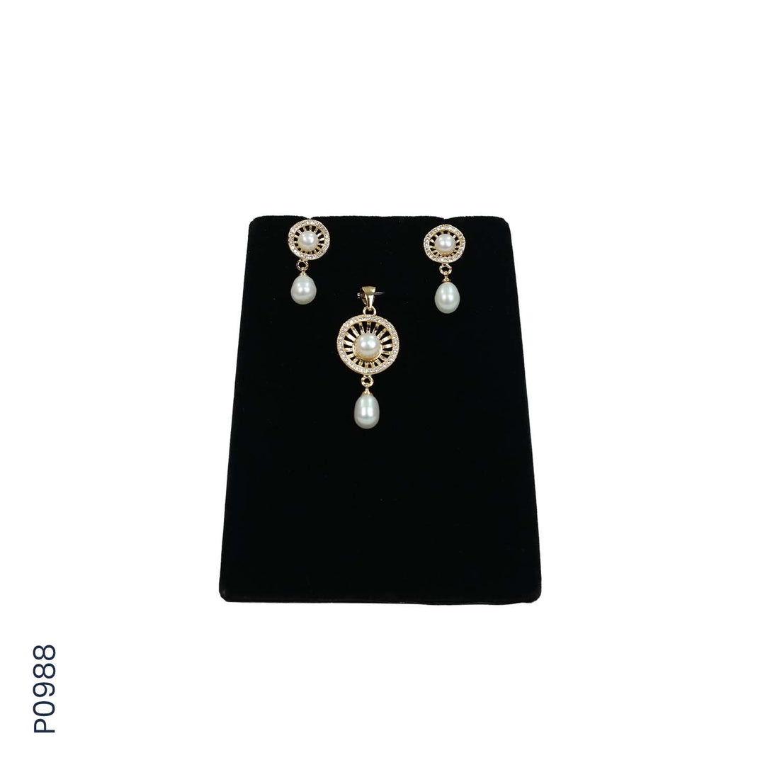 ALLOY GOLD PLATED PEARL TOP+PENDENT SET WITH CZ (P0988)