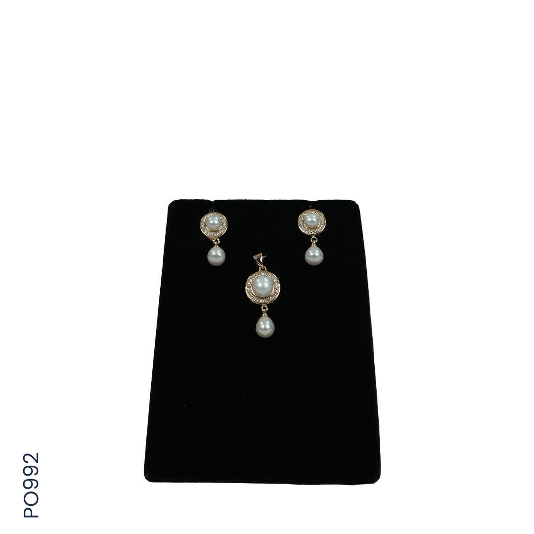 ALLOY GOLD PLATED PEARL TOP+PENDENT SET WITH CZ (P0992)