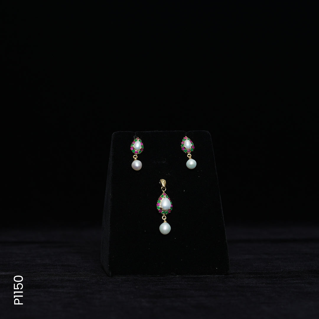 ALLOY GOLD PLATED PEARL TOP+PENDENT SET WITH MULTI COLOUR STONES & PEARLS (P1150)