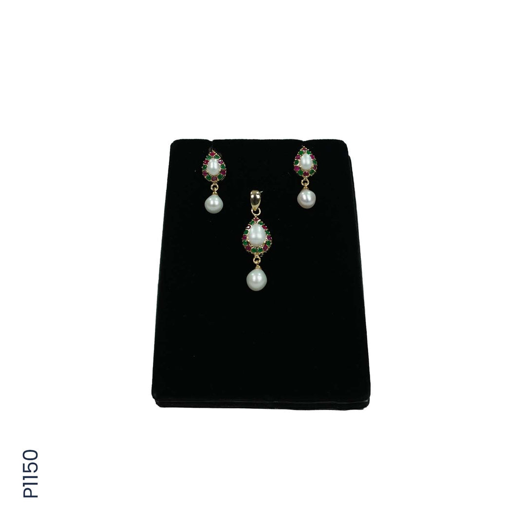 ALLOY GOLD PLATED PEARL TOP+PENDENT SET WITH MULTI COLOUR STONES & PEARLS (P1150)