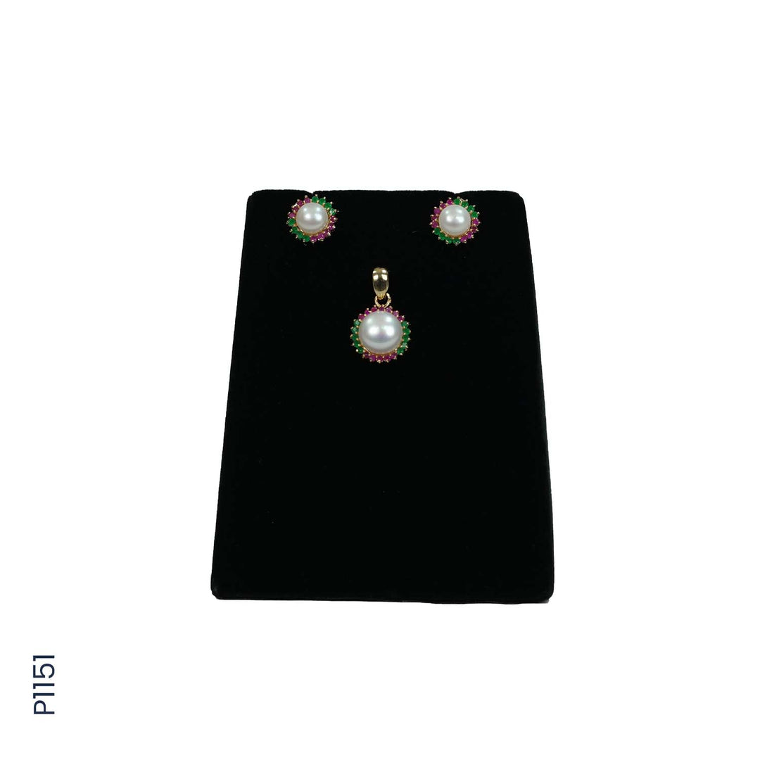ALLOY GOLD PLATED PEARL TOP+PENDENT SET WITH RED & GREEN COLOUR STONES (P1151)
