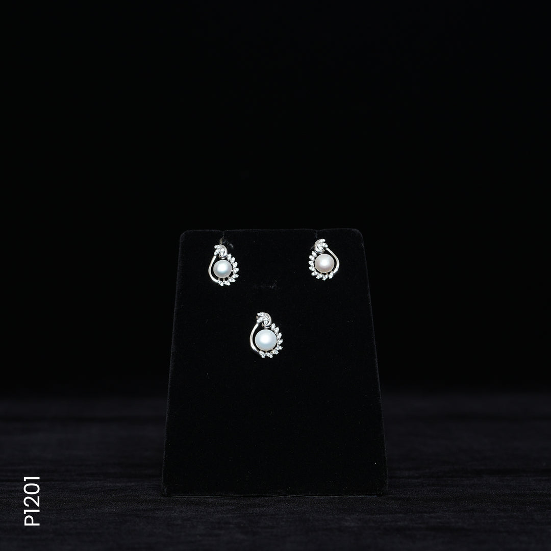 SILVER PEARL TOP+PENDENT SET WITH CZ (P1201)