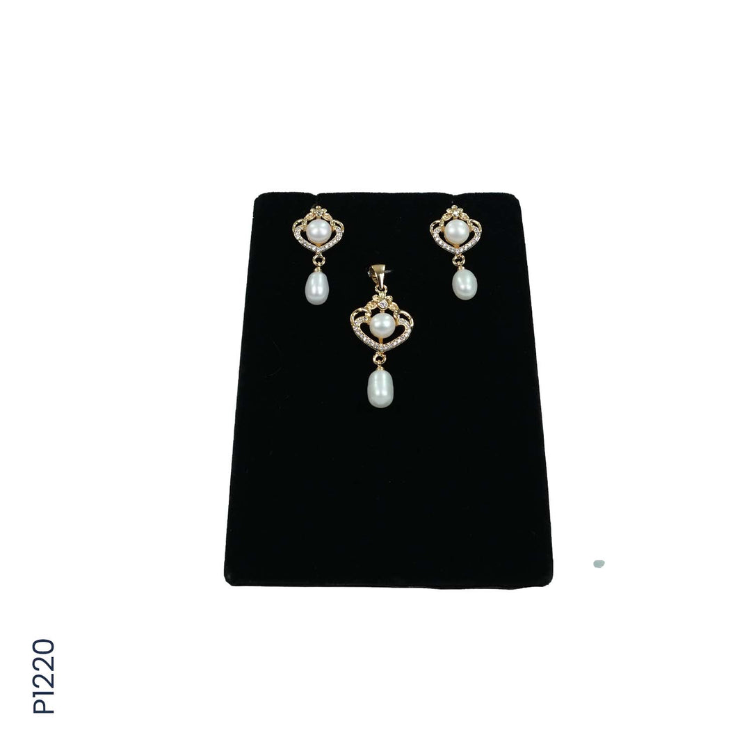 ALLOY GOLD PLATED PEARL TOP+PENDENT SET WITH CZ (P1220)