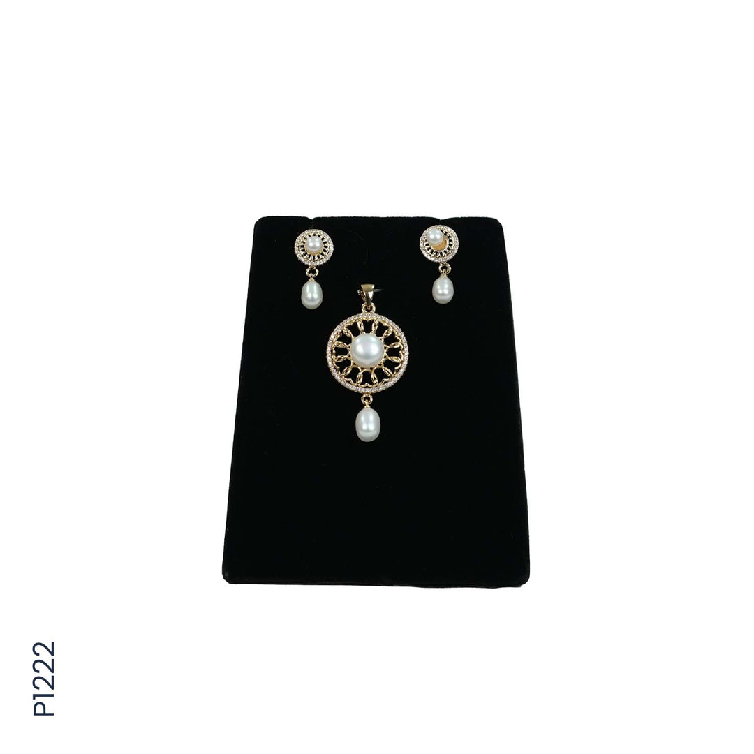 ALLOY GOLD PLATED PEARL TOP+PENDENT SET WITH CZ (P1222)