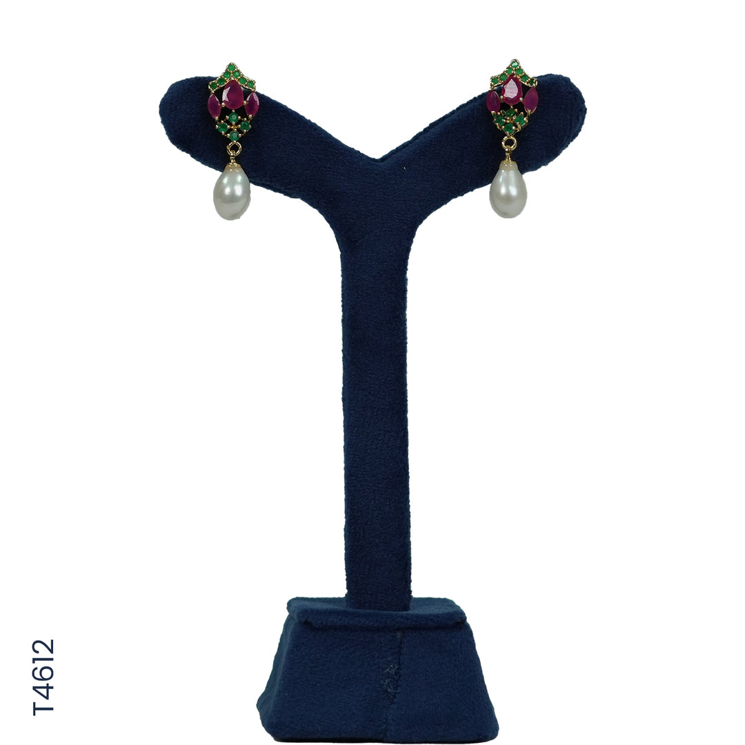 ALLOY GOLD PLATED PEARL HANGING WITH RED & GREEN COLOUR STONE & PEARLS (T4612)