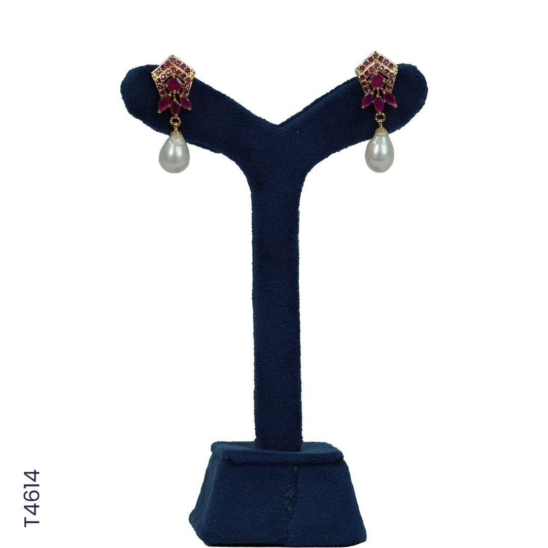 ALLOY GOLD PLATED PEARL HANGING WITH RED COLOUR STONE & PEARLS (T4614)