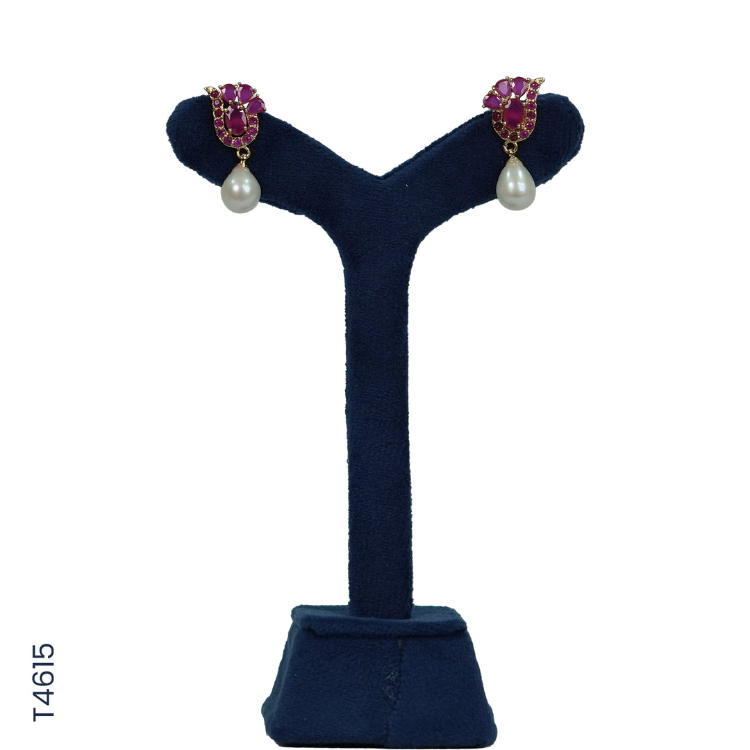 ALLOY GOLD PLATED PEARL HANGING WITH RED COLOUR STONE & PEARLS (T4615)