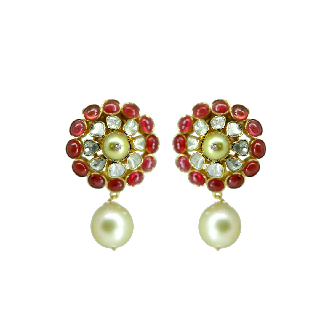 Gold Ruby and Pearl Earrings -GTP0325