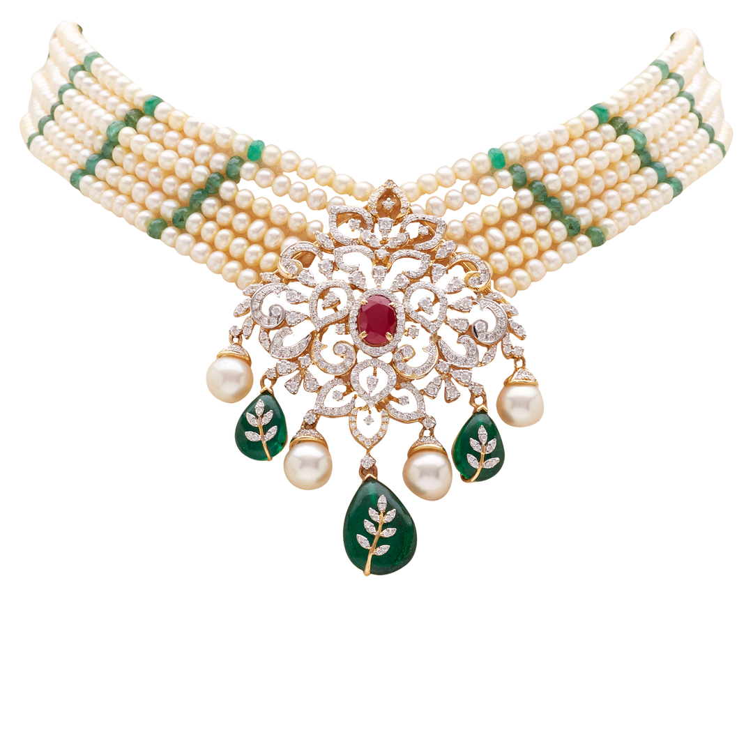 GOLD NECKLACE PEARL CHOKER WITH DIAMOND AND EMERALD-GNK0689