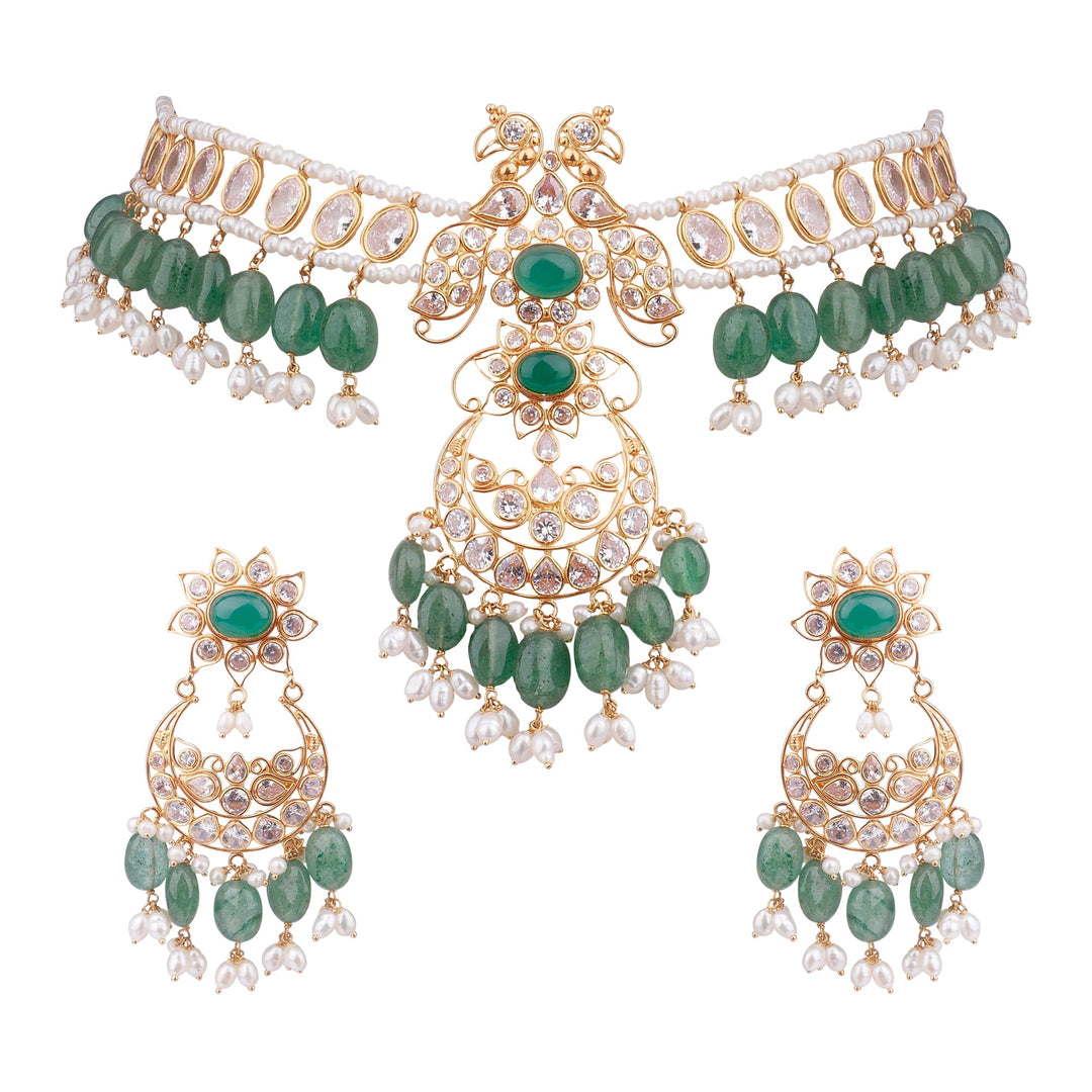 Gold Emerald Gold Necklace With Earring Ghp0296