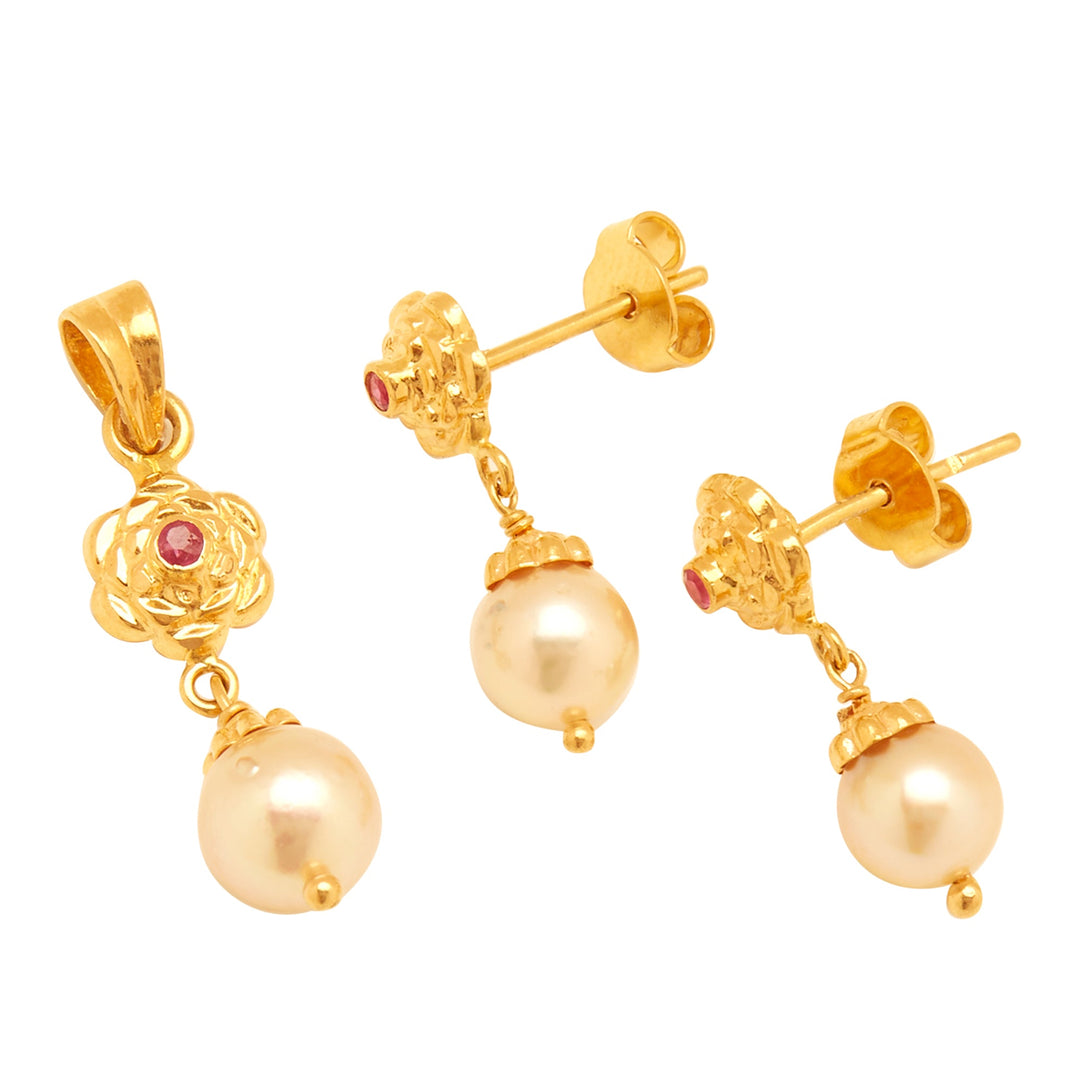 GOLD RED STONE CULTURE PEARL TOPS WITH PENDANT - GPPS583