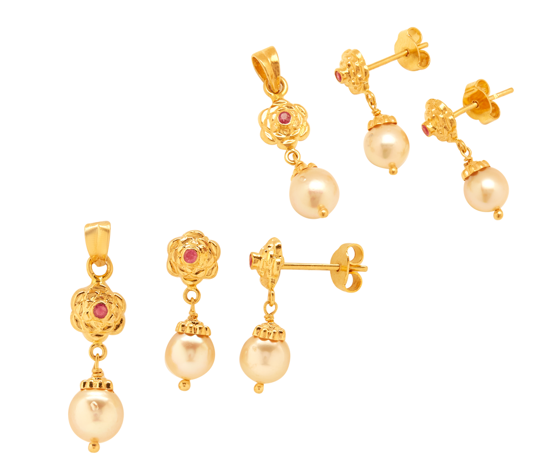 GOLD RED STONE CULTURE PEARL TOPS WITH PENDANT - GPPS583