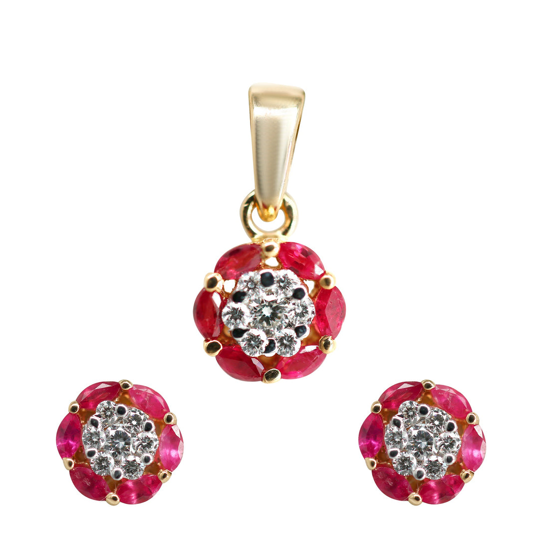 Ruby and Diamond Pendant With Earrings Set in Gold-GPR0158