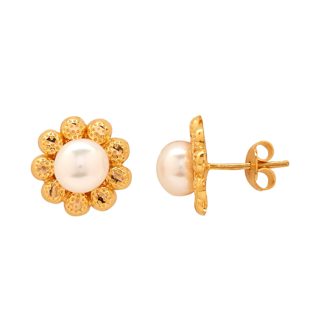 Gold Plain Button Pearl studs-GTWS294