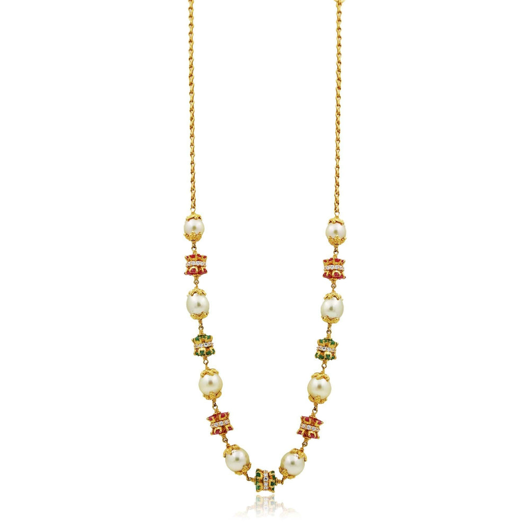 Gold Chain with multi stone and pearls-GCSS402 KrishnaPearlsandJewellers