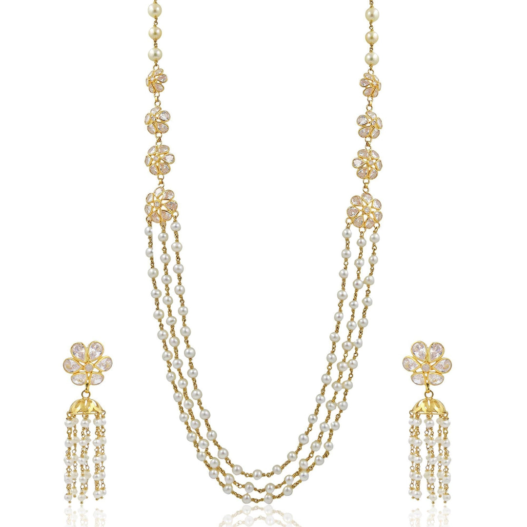 Gold with Pearl and Cz Flower Set-GHP0059 KrishnaPearlsandJewellers