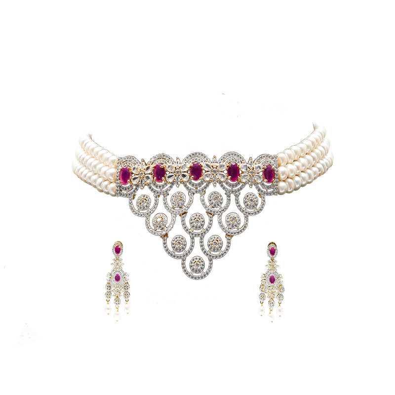 Alloy Off Set Pearl Choker Set Yellow Polish Cz With Red Stone H3086