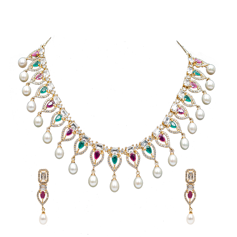 Alloy Off Set Pearl Yellow Polish Cz With Multi Stone H3471