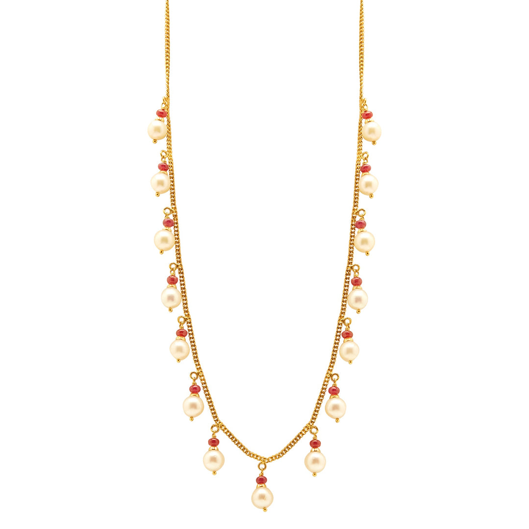 GOLD RUBY BEADS WHITE PEARL CHAIN - GCPS450