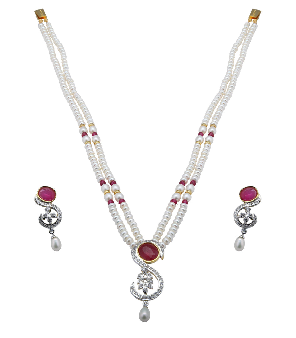 Pearl Set Chain with Earrings - H2197 Krishna Pearls and Jewellers