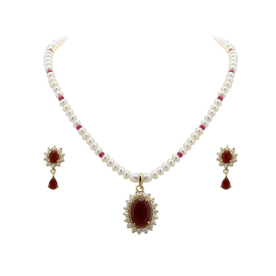 Red Stone -Pendant -Pearl Earrings -H2791 KrishnaPearlsandJewellers