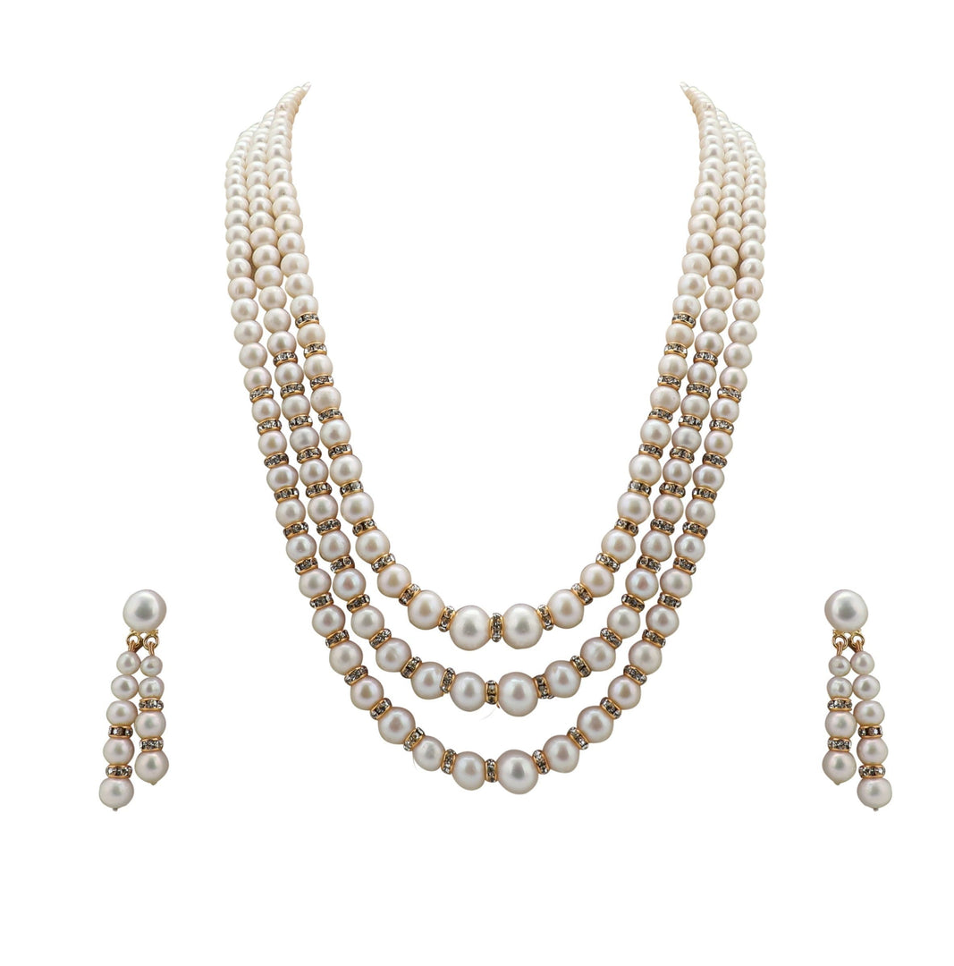 Three Line Pearl Chains with CZ Earrings - SH133 KrishnaPearlsandJewellers