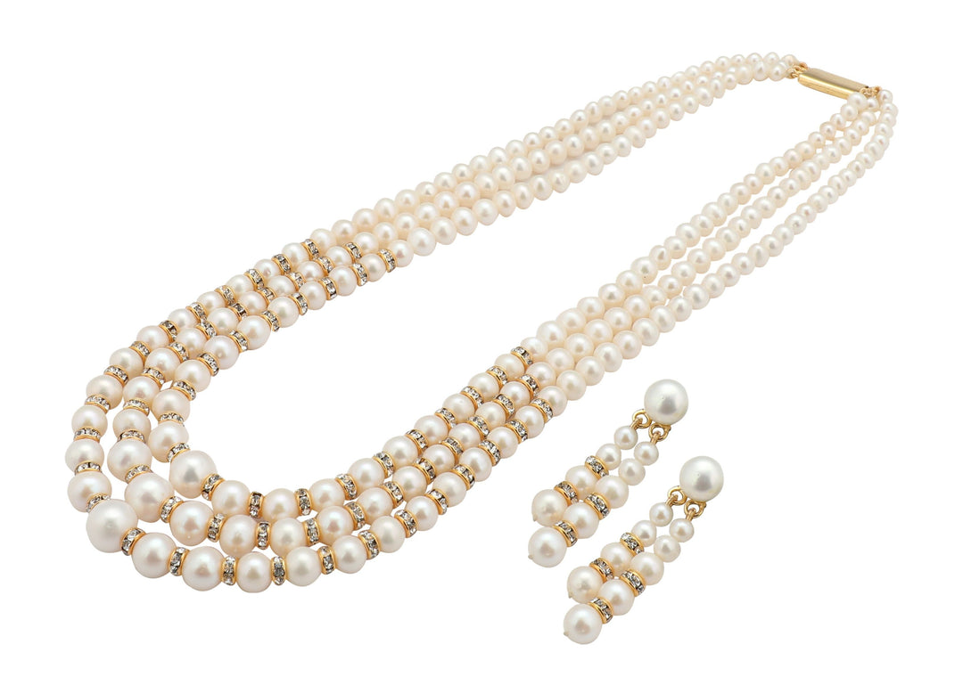 Three Line Pearl Chains with CZ Earrings - SH133 KrishnaPearlsandJewellers